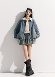 Denim Padded Jacket Set  Crochet Collar & Skirt