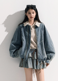 Denim Padded Jacket Set  Crochet Collar & Skirt