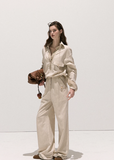 High-Sense Contrast  Faux Two-Piece Shirt & Wide-Leg Pants Set