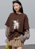 Sheep Heart  Lyocell Cotton Plaid Patchwork Sweatshirt