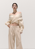 Lyocell Wool Knit  Cross-Waist Off-Shoulder Sweater