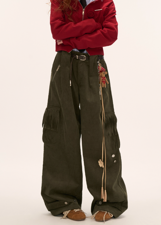 fringe pocket corduroy pants, retro corduroy trousers women, loose straight fall pants, american vintage slacks women, fw2025 streetwear pants, wide leg retro cord pants, korean retro fashion women, casual fringe pocket trousers, nowa tokyo vintage street style
