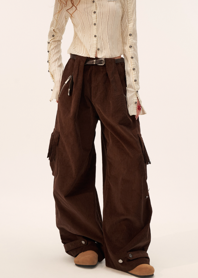 fringe pocket corduroy pants, retro corduroy trousers women, loose straight fall pants, american vintage slacks women, fw2025 streetwear pants, wide leg retro cord pants, korean retro fashion women, casual fringe pocket trousers, nowa tokyo vintage street style
