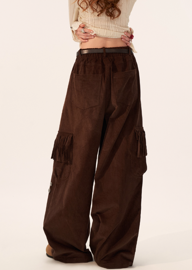 fringe pocket corduroy pants, retro corduroy trousers women, loose straight fall pants, american vintage slacks women, fw2025 streetwear pants, wide leg retro cord pants, korean retro fashion women, casual fringe pocket trousers, nowa tokyo vintage street style
