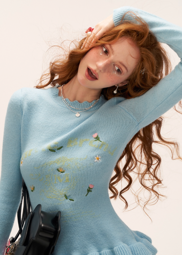 floral embroidered sweater women, slim knit crew neck top, fall 2025 knitwear women, embroidered flower pullover, soft street knit sweater, korean feminine knit top, long sleeve slim sweater women, romantic fall layering top, nowa tokyo cute knit style
