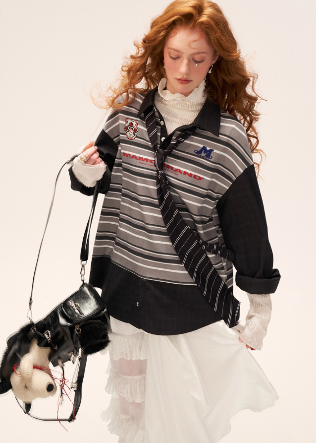 vintage patchwork striped polo, retro long sleeve polo women, loose fall lapel top 2025, striped patchwork shirt female, korean street polo top, casual retro long sleeve t shirt, autumn vintage stripe top women, relaxed fit polo shirt outfit, nowa tokyo street fashion
