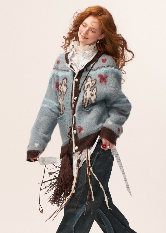 butterfly fawn cardigan, cute animal embroidery sweater, kawaii knit cardigan women, fairycore cardigan aesthetic, y2k cute knit sweater, fall 2025 cute cardigan, korean soft street knitwear, embroidered animal cardigan outfit, nowa tokyo kawaii fashion
