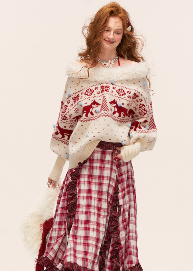 fox fair isle sweater women, v neck winter knit top, fair isle fox pattern knit, cozy lazy fit sweater women, korean winter knit fashion, fall winter 2025 sweater trend, nordic pattern fox pullover, cute warm knitwear outfit women, nowa tokyo cozy street style
