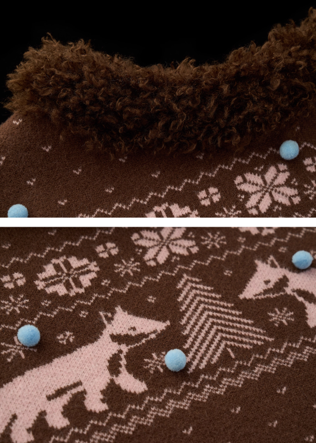 fox fair isle sweater women, v neck winter knit top, fair isle fox pattern knit, cozy lazy fit sweater women, korean winter knit fashion, fall winter 2025 sweater trend, nordic pattern fox pullover, cute warm knitwear outfit women, nowa tokyo cozy street style
