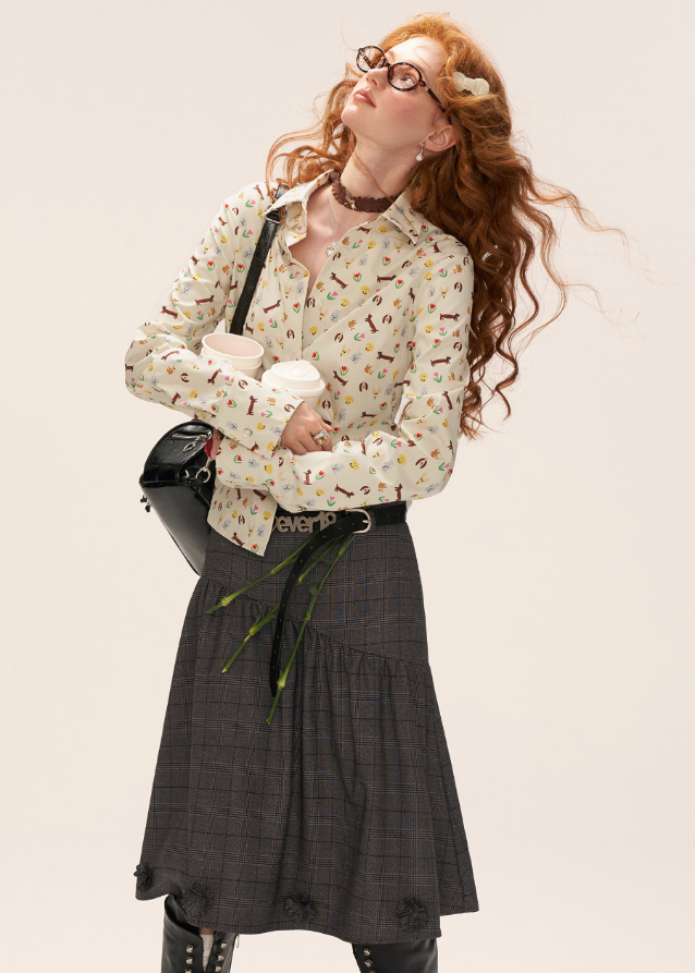 dog print shirt women, all over puppy pattern top, cute graphic long sleeve tee, niche print blouse fall winter, korean cute street top, playful dog motif shirt, fashion dog print top for women, cute core long sleeve outfit, nowa tokyo dog print fashion
