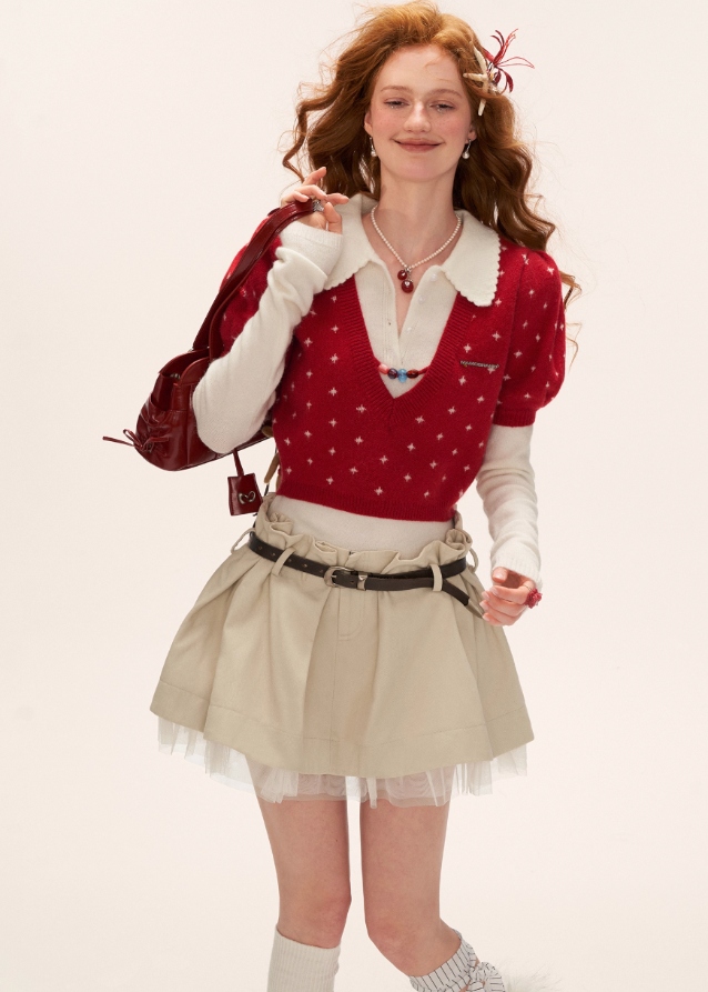 vintage crochet sweater women, puff sleeve lace knit top, romantic slim fit knitwear, fall winter feminine sweater, korean soft girl fashion, gentle sweet crochet top, v neck lace knit blouse, cottagecore puff sleeve sweater, nowa tokyo romantic knit style
