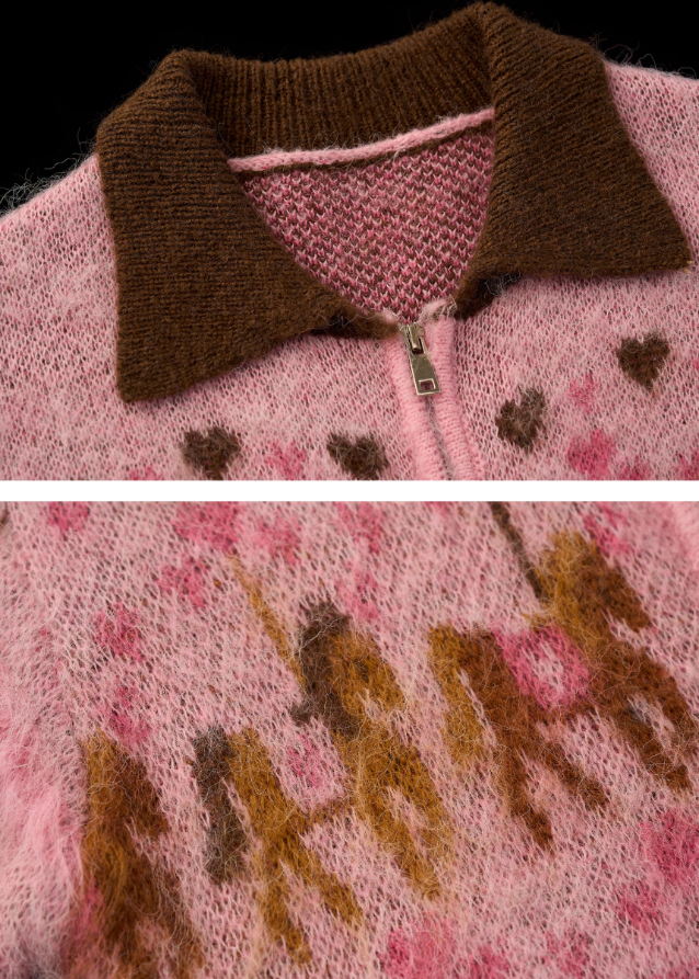 pink pony knit cardigan, cute zip sweater women, pony embroidered knit top, kawaii y2k pink sweater, slim fit pastel knit cardigan, amusement park pony jacket, cute core knitwear women 2025, korean pink cardigan outfit, nowa tokyo kawaii fashion
