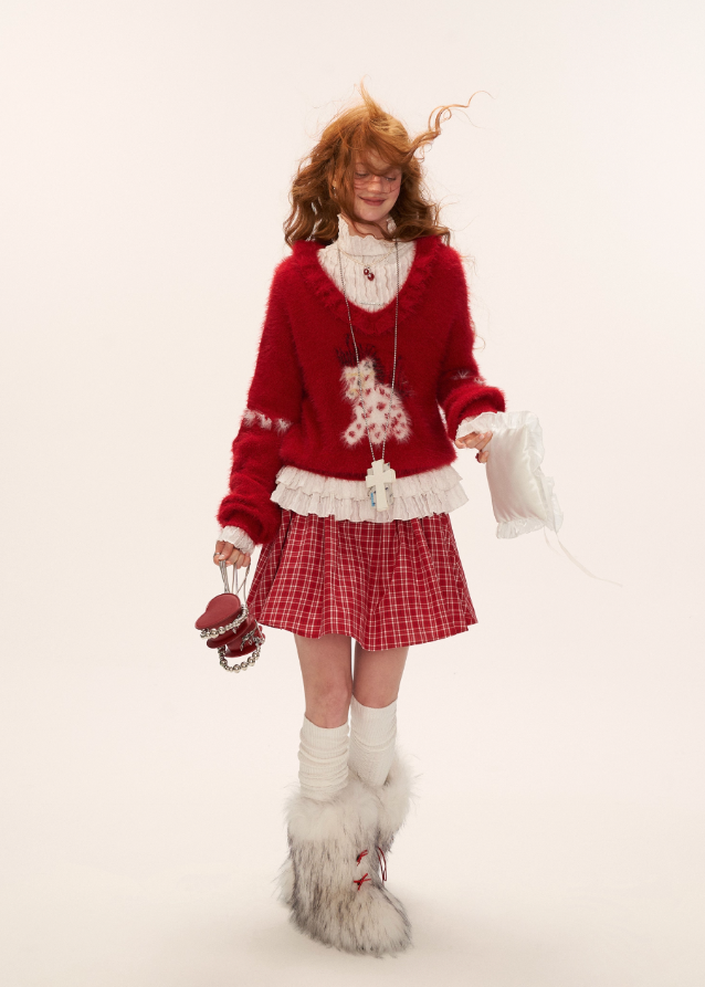 love pony sweater, red knit top, doll collar pullover, women fall winter sweater, sweet loose knit, lazy style fashion, fw25 collection, soft girl outfit, korean street fashion, tokyo boutique knit
