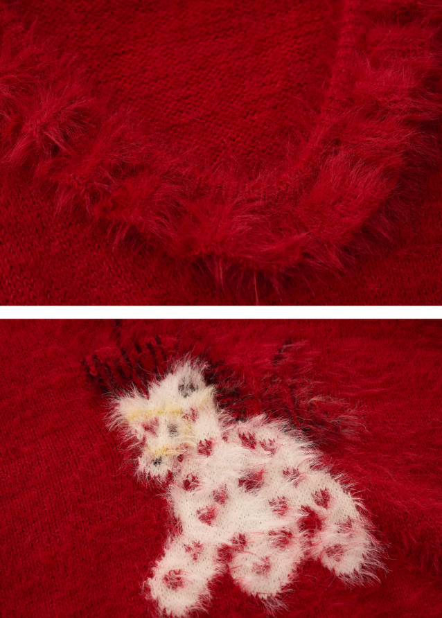 love pony sweater, red knit top, doll collar pullover, women fall winter sweater, sweet loose knit, lazy style fashion, fw25 collection, soft girl outfit, korean street fashion, tokyo boutique knit
