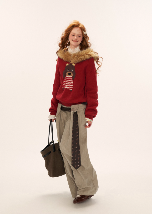 cute dog sweater, fur collar hoodie, winter knit jacket, women loose design top, fluffy hooded sweater, casual street fashion, fw25 collection, cozy fur knit, korean streetwear, tokyo winter outfit
