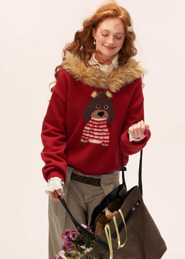 cute dog sweater, fur collar hoodie, winter knit jacket, women loose design top, fluffy hooded sweater, casual street fashion, fw25 collection, cozy fur knit, korean streetwear, tokyo winter outfit
