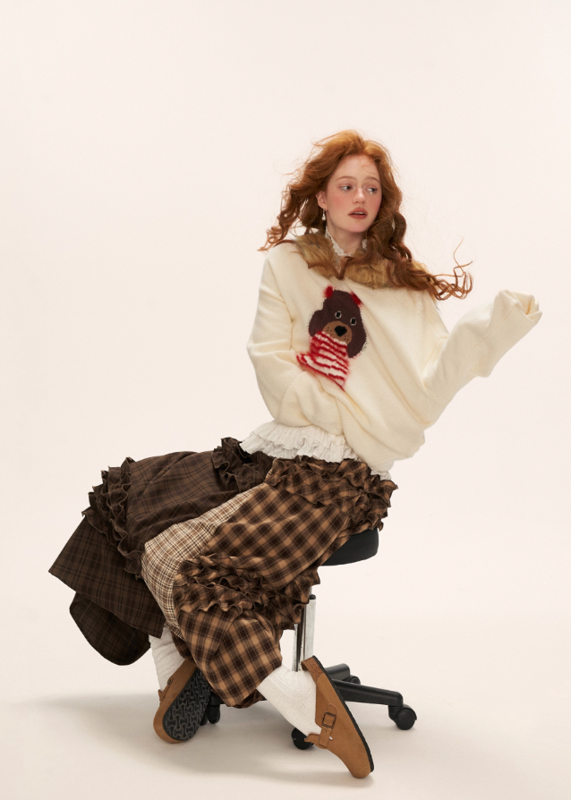 brown plaid skirt, layered midi skirt, patchwork check skirt, ruffle plaid skirt, autumn winter outfit women, mocha mid length skirt, fw25 collection, street boutique fashion, korean plaid fashion, tokyo style skirt
