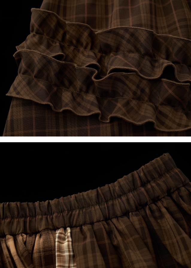 brown plaid skirt, layered midi skirt, patchwork check skirt, ruffle plaid skirt, autumn winter outfit women, mocha mid length skirt, fw25 collection, street boutique fashion, korean plaid fashion, tokyo style skirt
