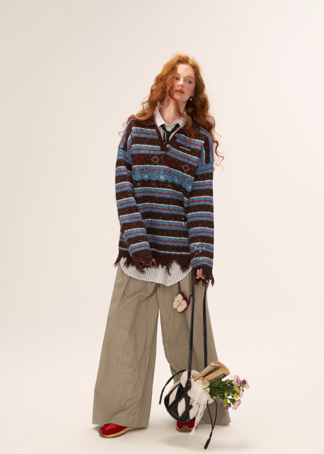 star stripe polo sweater women, sporty polo knit top, fall winter 2025 knitwear women, varsity style star knit, lazy street polo sweater, korean retro sports knit, striped star collar sweater, unique fashion knit top women, nowa tokyo sporty street style
