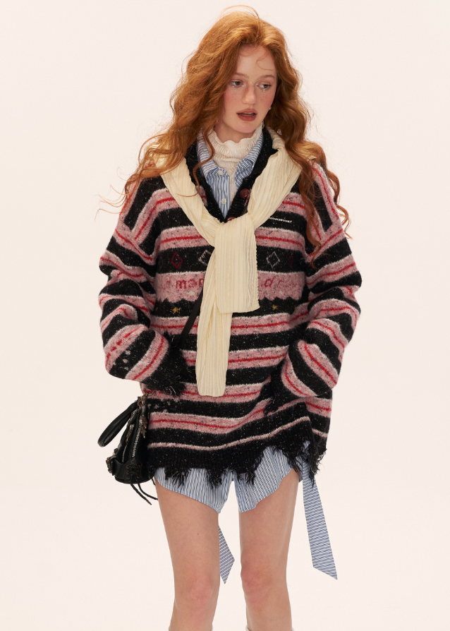 star stripe polo sweater women, sporty polo knit top, fall winter 2025 knitwear women, varsity style star knit, lazy street polo sweater, korean retro sports knit, striped star collar sweater, unique fashion knit top women, nowa tokyo sporty street style
