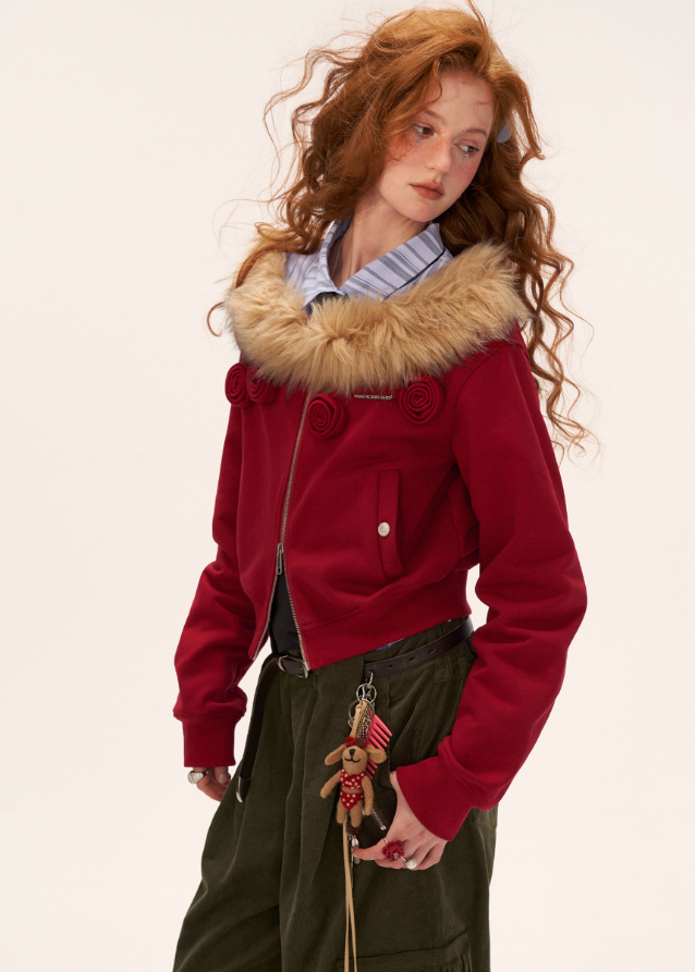 slanted shoulder fur collar jacket women, double zipper cropped jacket, detachable fur short coat, floral cropped winter jacket, fw2025 luxury streetwear women, asymmetric zip jacket fashion, korean high end cropped outerwear, elegant street fashion top women, nowa tokyo premium winter jacket
