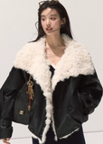 lamb wool leather jacket women, oversized shearling short coat, winter thick lapel jacket, faux shearling leather outerwear women, streetcore winter jacket 2025, osmanthus lamb wool coat, black short leather jacket women, korean winter fashion jacket, nowa tokyo winter outerwear
