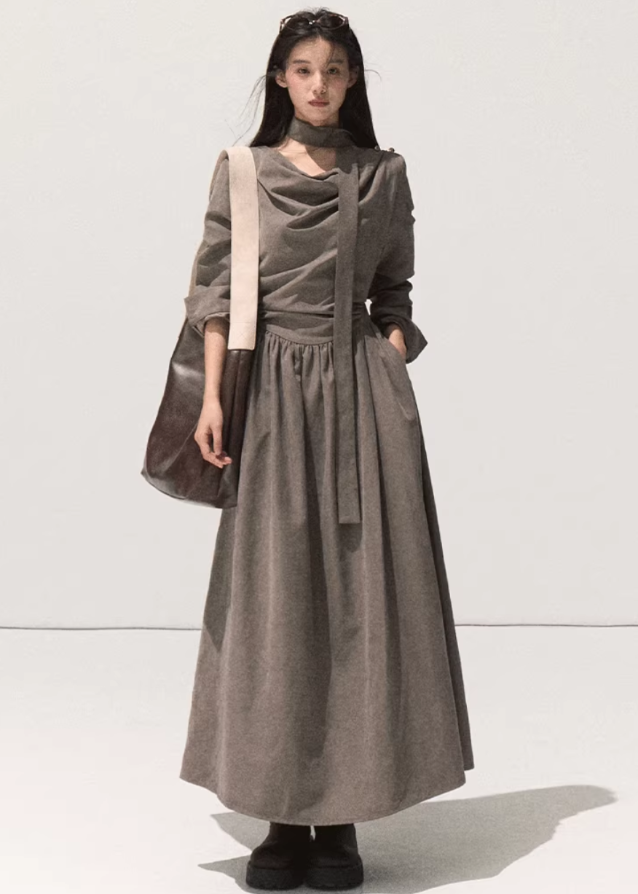 velvet swing collar dress, micro velvet long sleeve dress, literary style long dress women, scarf collar draped maxi dress, elegant waist velvet gown, fall winter 2025 dresses women, artistic flowing long skirt, korean minimalist dress style, soft street velvet dress, nowa tokyo boutique fashion

