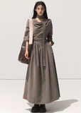 velvet swing collar dress, micro velvet long sleeve dress, literary style long dress women, scarf collar draped maxi dress, elegant waist velvet gown, fall winter 2025 dresses women, artistic flowing long skirt, korean minimalist dress style, soft street velvet dress, nowa tokyo boutique fashion
