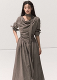 velvet swing collar dress, micro velvet long sleeve dress, literary style long dress women, scarf collar draped maxi dress, elegant waist velvet gown, fall winter 2025 dresses women, artistic flowing long skirt, korean minimalist dress style, soft street velvet dress, nowa tokyo boutique fashion
