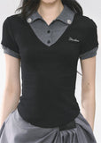 Fake Two-Piece Straight Shoulder Short Sleeve Top