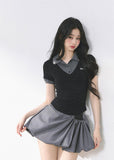 Fake Two-Piece Straight Shoulder Short Sleeve Top
