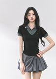 Fake Two-Piece Straight Shoulder Short Sleeve Top