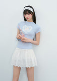 Kitten Print Semi-High Neck Short Sleeve Top