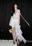 Water Blue Jacquard Vest & Irregular Skirt Set