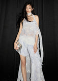 Water Blue Jacquard Vest & Irregular Skirt Set