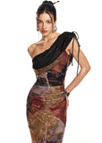 Fishtail printed mesh long dress