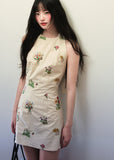 Linen flower embroidered dress