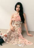 Diagonal shoulder patchwork floral dress
