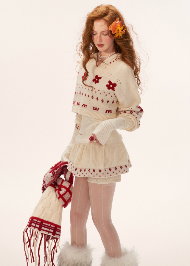 star flower knit sweater, jacquard crop sweater women, cute crew neck knit top, fall winter 2025 knitwear women, lazy style cropped sweater, korean cute knit fashion, loose jacquard sweater outfit, cozy streetwear sweater women, nowa tokyo soft street style
