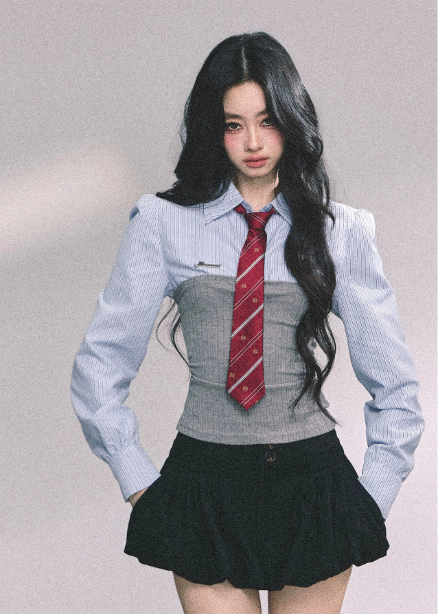 fake two piece college top, striped polo shirt women, knitted corset layer top, autumn preppy long sleeve, slimming academic shirt, fw25 school style top, american striped blouse, layered polo knit top, cinched waist striped shirt
