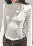 french lace bow top, black white lace shirt women, slim fit base shirt, long sleeve lace tee, autumn french style top, ribbon lace blouse, korean slim knit top, elegant lace t-shirt women, fw25 lace top, soft girl frenchcore
