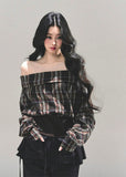 off shoulder plaid top, one shoulder shirt women, american plaid crop top, winter plaid long sleeve, slim fit check top, grunge plaid shirt women, fw25 plaid fashion, off shoulder winter blouse, rustic plaid crop top
