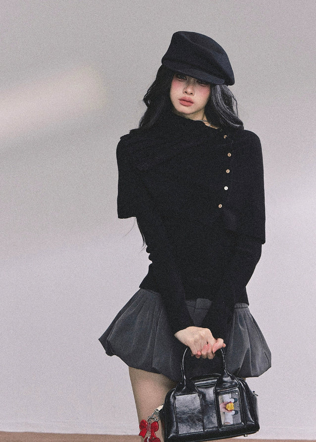 layered knit top, shawl knit two piece, Korean fashion top, Korean girl style knit, fall knit top women, winter knit set, off shoulder shawl knit, elegant Korean sweater, slim fit knit top, two piece knit outfit, gray knit long sleeve, black knit long sleeve, trendy Korean sweater, Seoul street style knit, aesthetic knitwear women, Nowa Tokyo knit top, boutique knit style, Korean American fashion top
