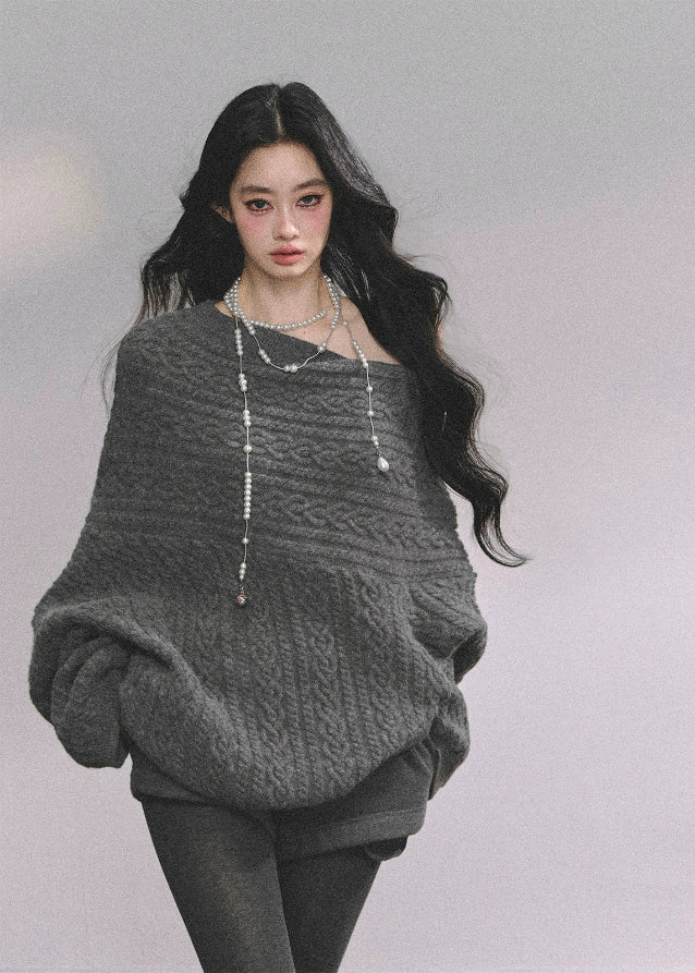 off shoulder sweater, oversized knit sweater, chunky knit top, fall winter knitwear, Korean fashion sweater, trendy off shoulder top, loose fit sweater women, cable knit pullover, Nordic style sweater, street style knit top, Korean American fashion, cozy winter sweater, wide neck sweater, casual oversized top, elegant french knitwear
