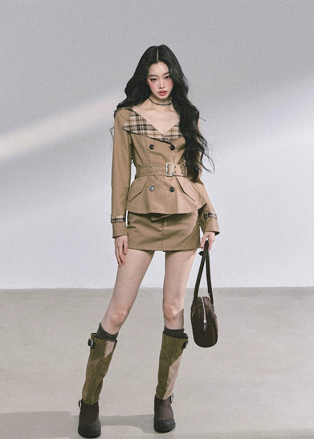 plaid trim suit set, peplum jacket mini skirt set, Hepburn style outfit, tailored two piece set women, fall suit outfit, Korean fashion suit set, elegant plaid collar jacket, chic mini skirt set, brown suit dress set, boutique two piece outfit, classy autumn outfit women, designer inspired suit set, French vintage suit set, trendy Korean mini set, 2025 fall fashion women
