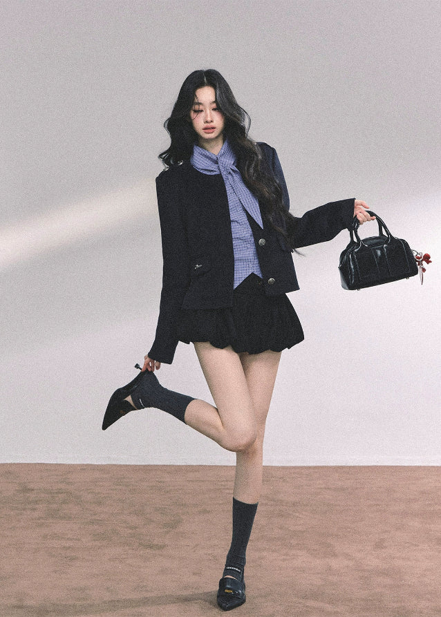 klein blue plaid shirt women, slim fit check blouse, american style plaid top, autumn blue long sleeve shirt, tailored crossover shirt women, fw25 check top, refined plaid blouse, slim plaid shirt, korean fitted check shirt
