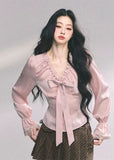 french bow blouse women, striped lace shirt, pink ribbon top slim fit, autumn long sleeve blouse, high end french shirt women, fw25 lace bow blouse, satin bow top women, slim striped blouse, romantic lace ruffle shirt
