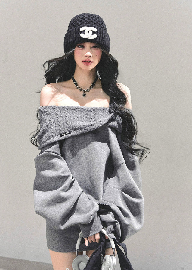 grey off shoulder dress, oversized sweatshirt dress, one shoulder sweat dress, autumn winter street dress, grey mini sweatshirt, american style sweater dress, fw25 oversized dress, korean street fashion dress, grey off shoulder top dress
