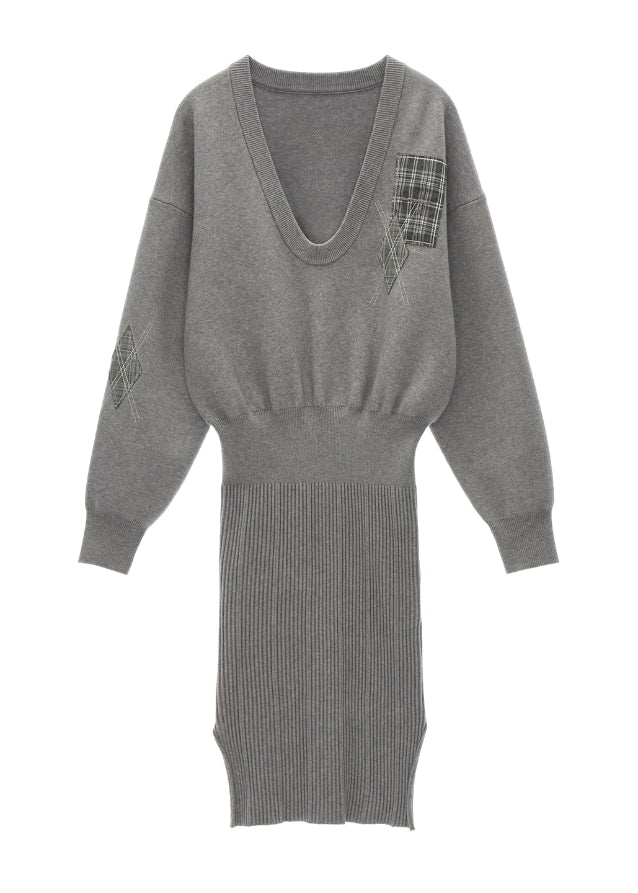 u neck sweater dress, gray knit dress women, tape trim knit dress, preppy style fall dress 2025, high end sweater dress, korean preppy fashion women, slim knit autumn dress, quiet luxury knit outfit, nowa tokyo elegant street style
