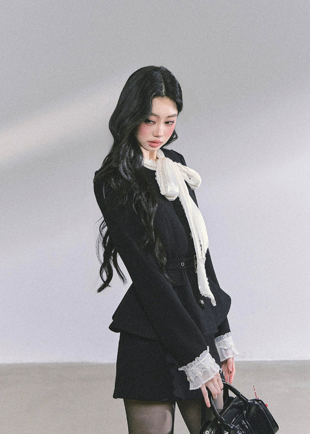 lace tie dress set, two piece suit dress women, French elegant outfit, bow tie mini dress, lace cuff blazer dress, Korean fashion set, rich girl outfit, classy black dress set, fall fashion women, luxury two piece set, chic blazer dress, mini skirt suit set, feminine lace trim outfit, Korean American style, elegant autumn outfit, designer inspired dress set, boutique fashion dress, 2025 women's fall outfits
